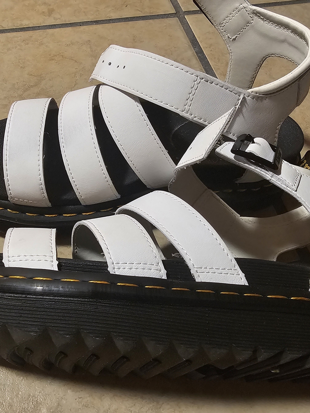 Dr. Martens Blaire White Strappy Platform Sandals with Black Sole